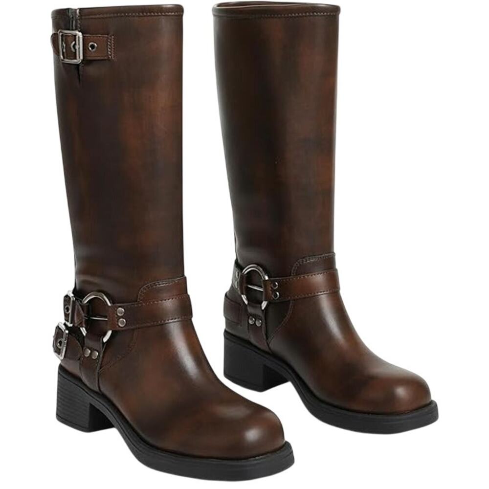 Aminugal Womens Size 7.5 Brown Faux Leather Knee High Square Toe Pull On Boots